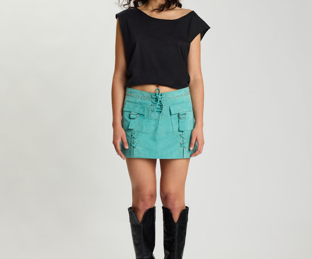 Cross My Heart Laced Suede Mini Skirt - Mint Green