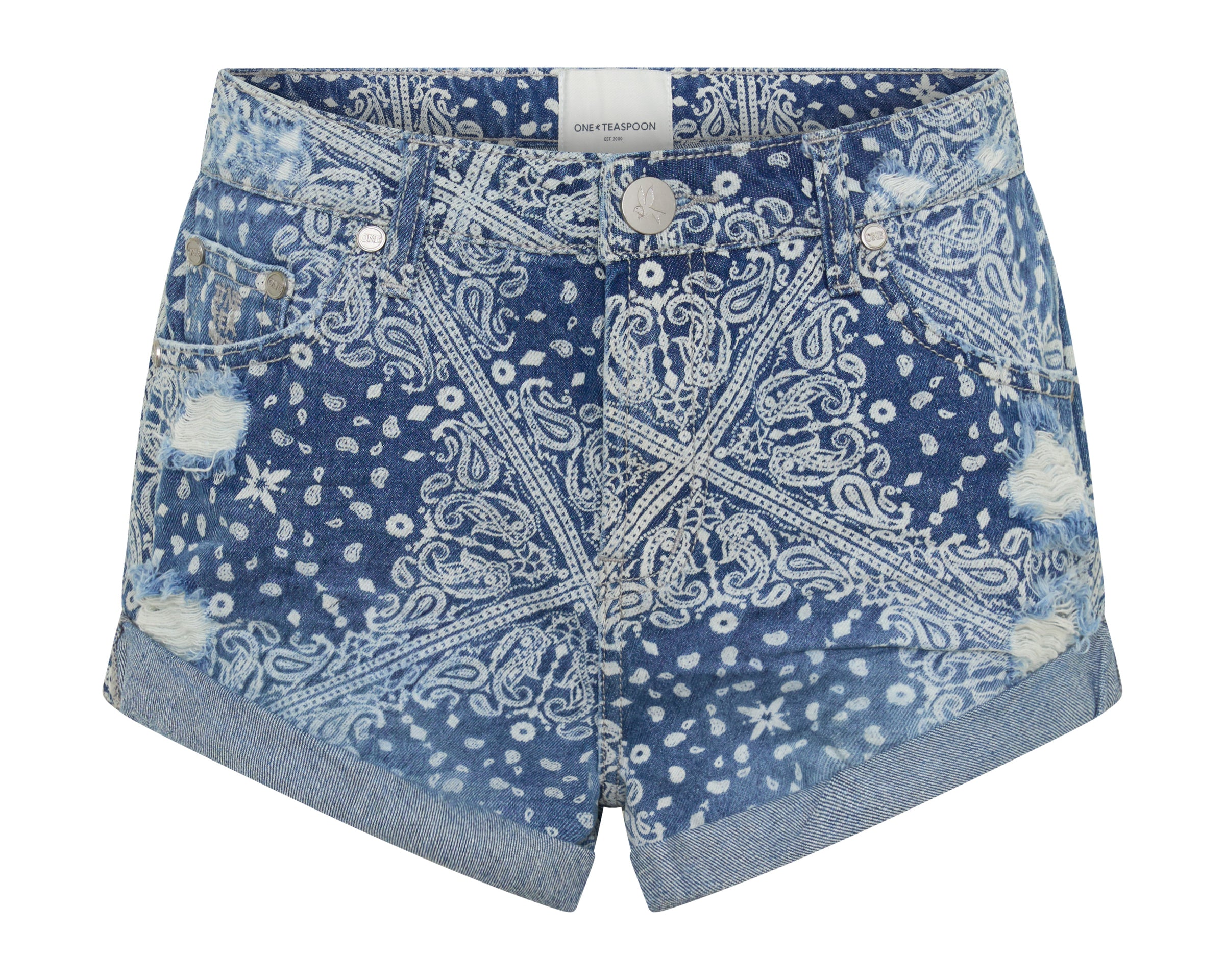 Long Bandits Low Waist Denim Shorts - Aegean Paisley Blue