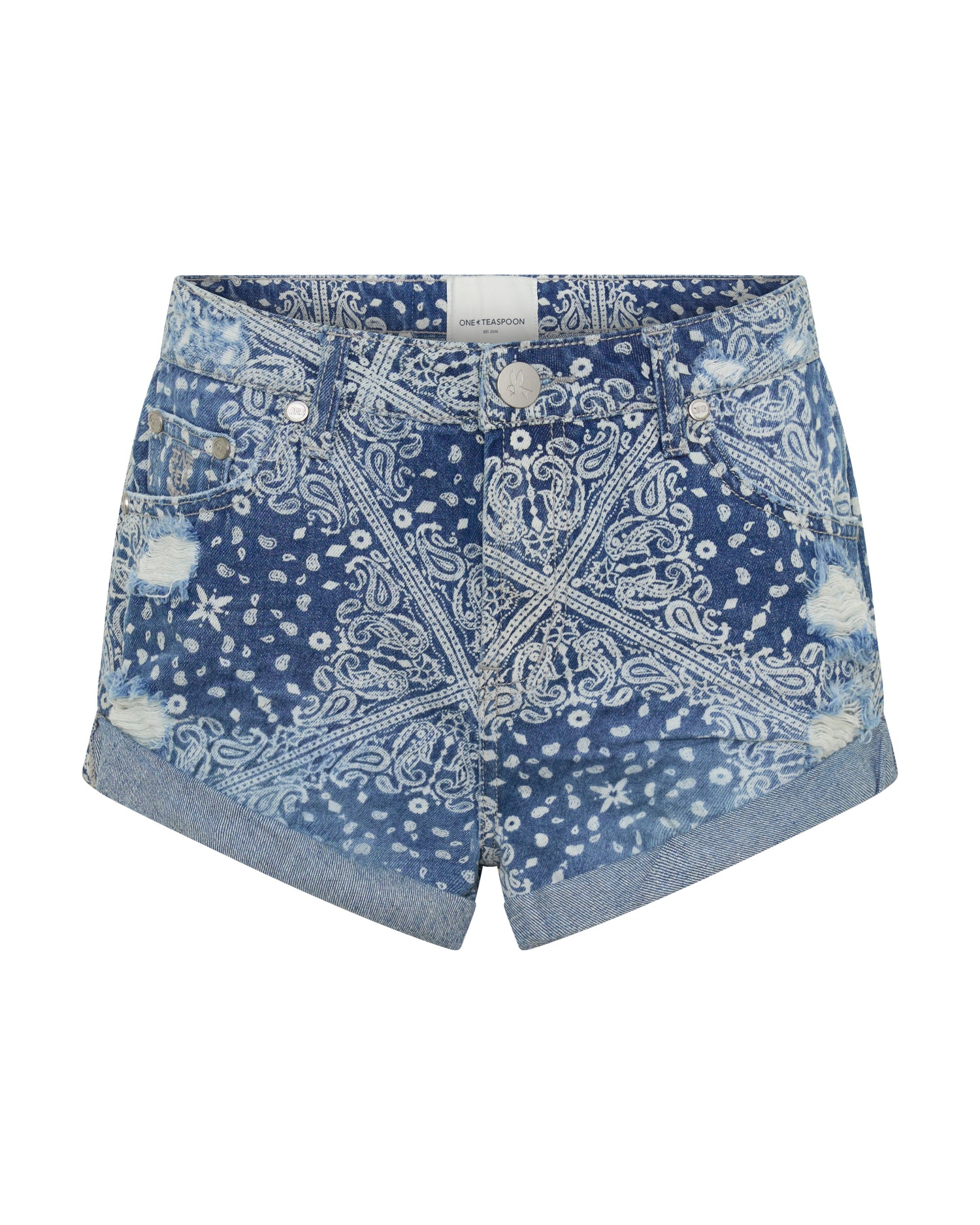 Long Bandits Low Waist Denim Shorts - Aegean Paisley Blue