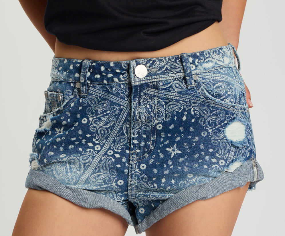 Long Bandits Low Waist Denim Shorts - Aegean Paisley Blue