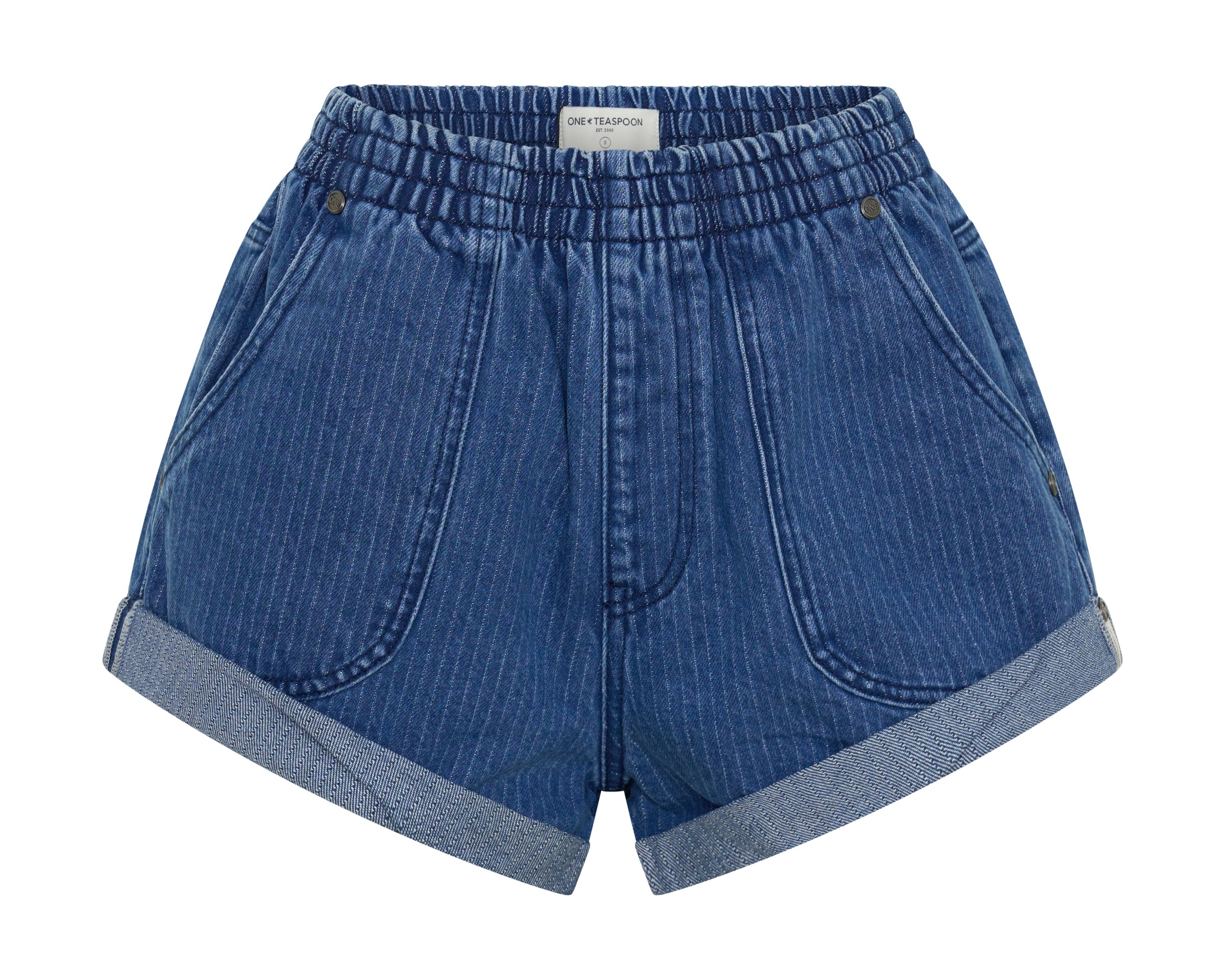 Hunters Mid Waist Boyfriend Elasticated Denim Shorts - Indigo Stripe Blue
