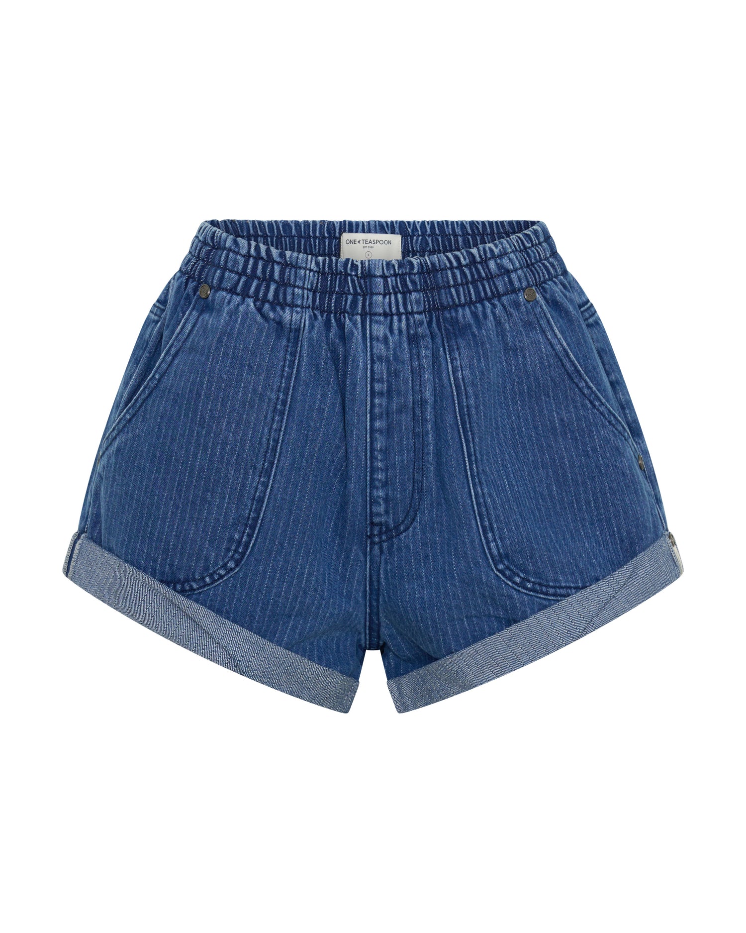 Hunters Mid Waist Boyfriend Elasticated Denim Shorts - Indigo Stripe Blue