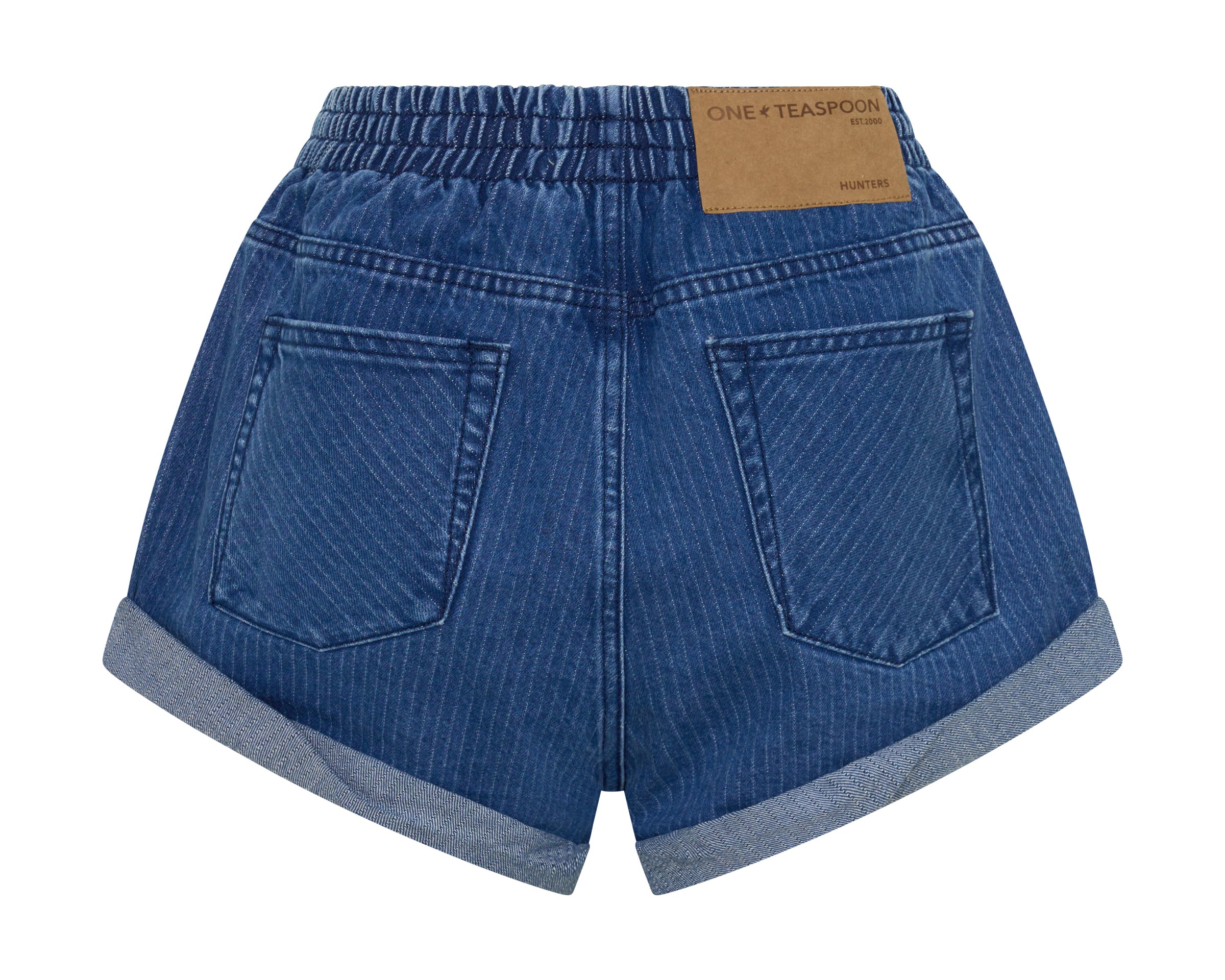 Hunters Mid Waist Boyfriend Elasticated Denim Shorts - Indigo Stripe Blue