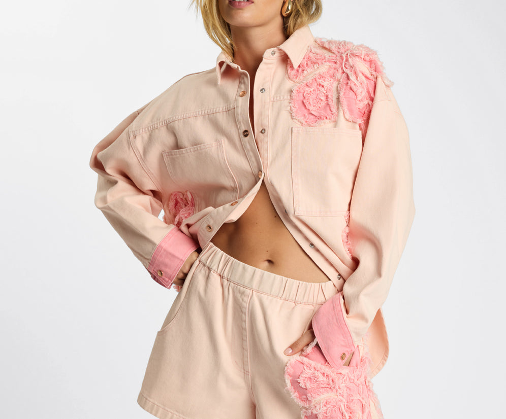 Funks High Waist Frayed Elasticated Flippy Denim Shorts - Pink Petal