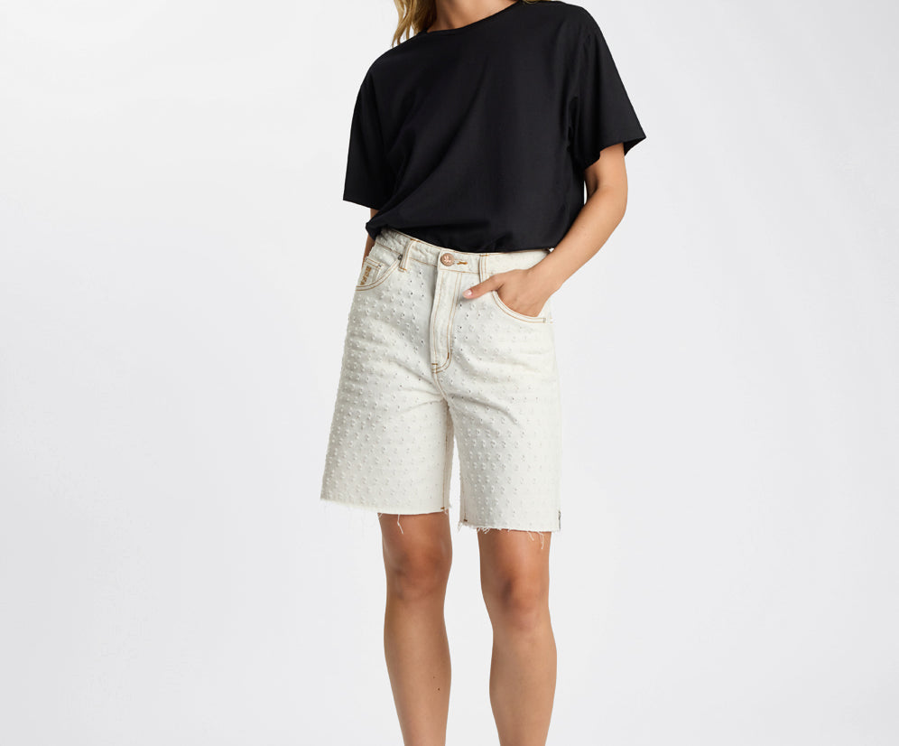 Rebel Rise High Waist Long Length Denim Shorts - Drilled White Beauty