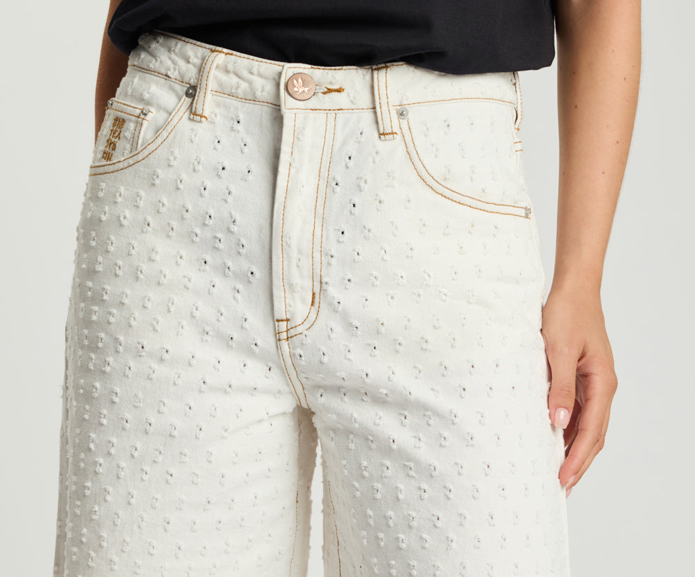 Rebel Rise High Waist Long Length Denim Shorts - Drilled White Beauty