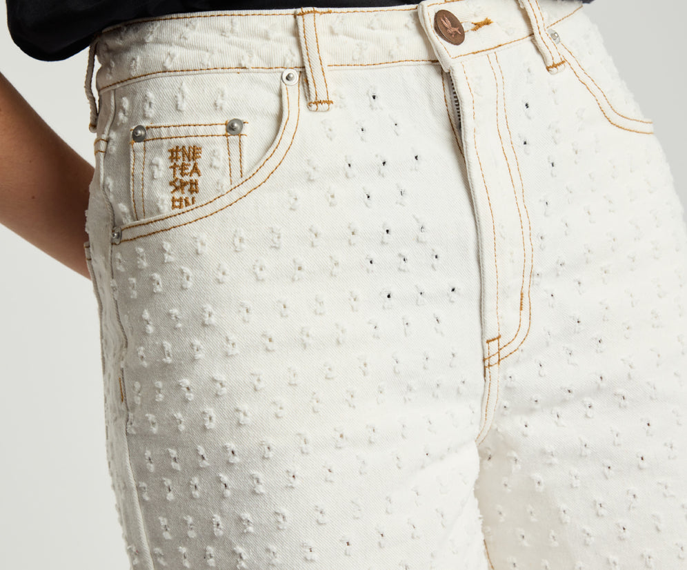 Rebel Rise High Waist Long Length Denim Shorts - Drilled White Beauty
