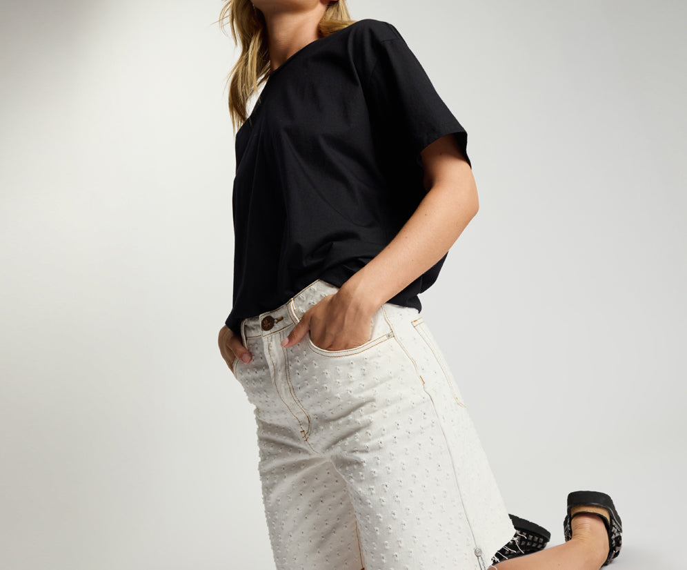 Rebel Rise High Waist Long Length Denim Shorts - Drilled White Beauty