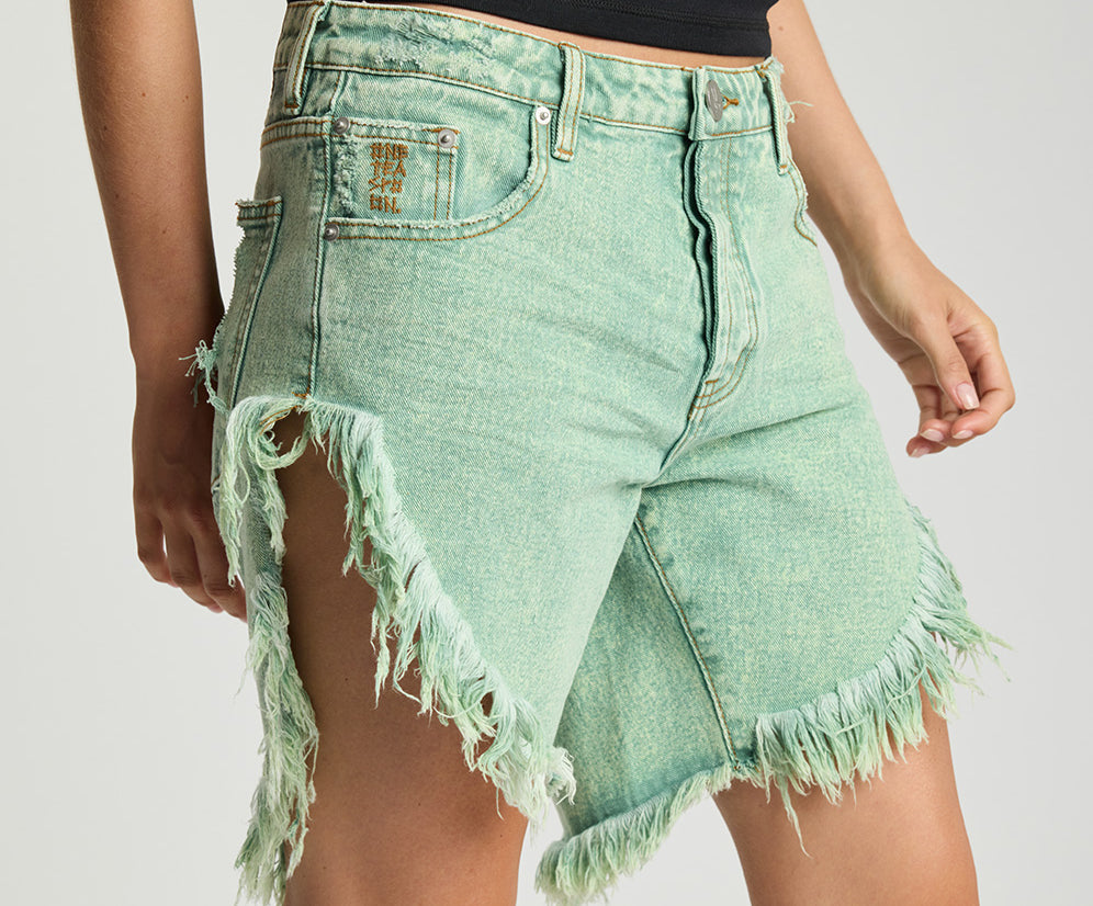 Frankies Low Waist Long Length Denim Shorts - Seaglass Green