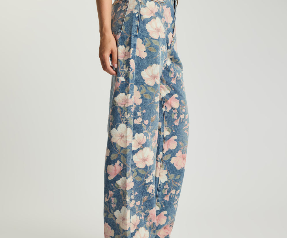 Icon High Waist Straight Leg Denim Jeans - Floral Bloom Cobaine Blue
