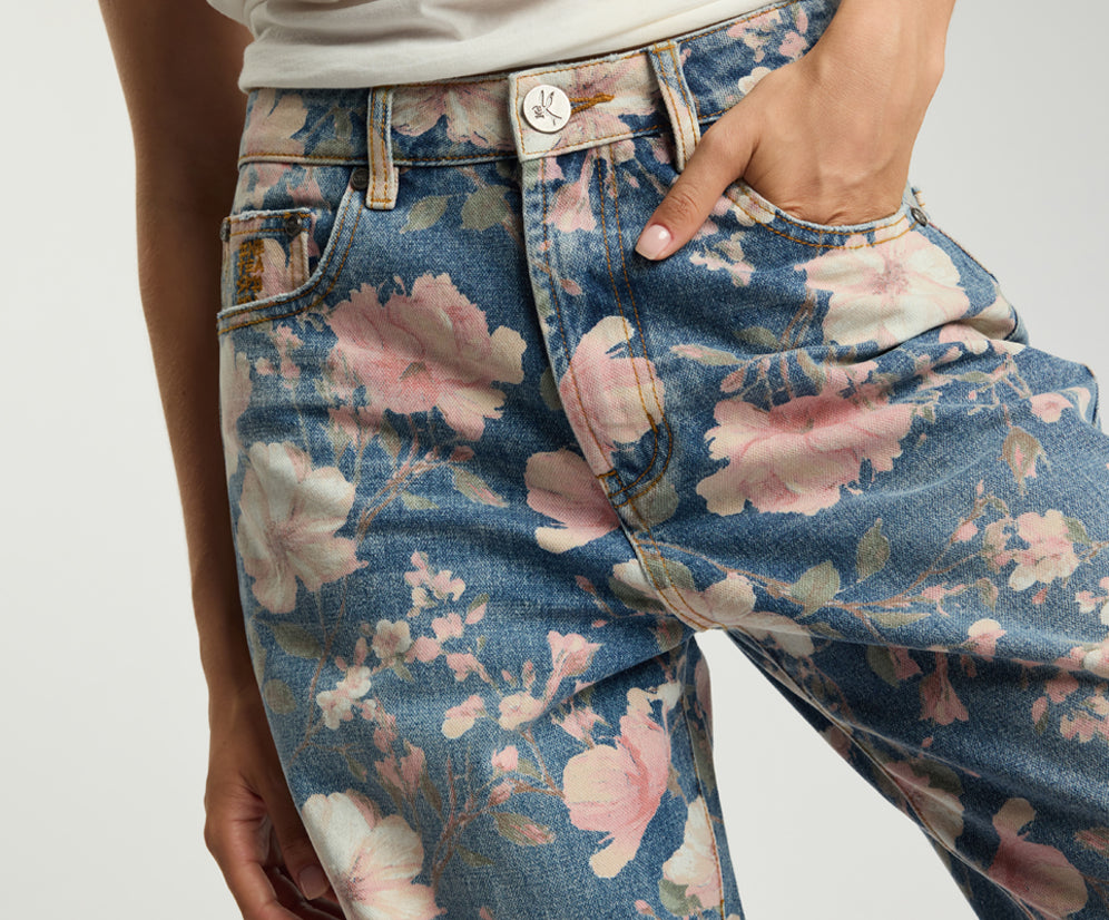 Icon High Waist Straight Leg Denim Jeans - Floral Bloom Cobaine Blue