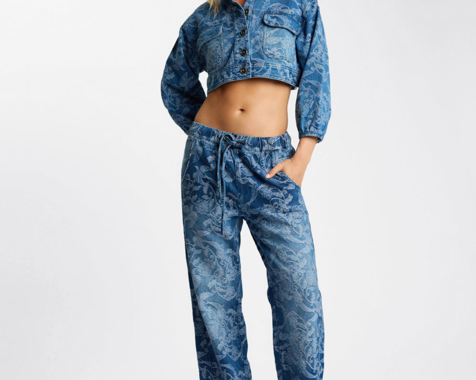 Roadhouse Mid Waist Wide Leg Drawstring Denim Jeans - Soaring Jacquard Blue