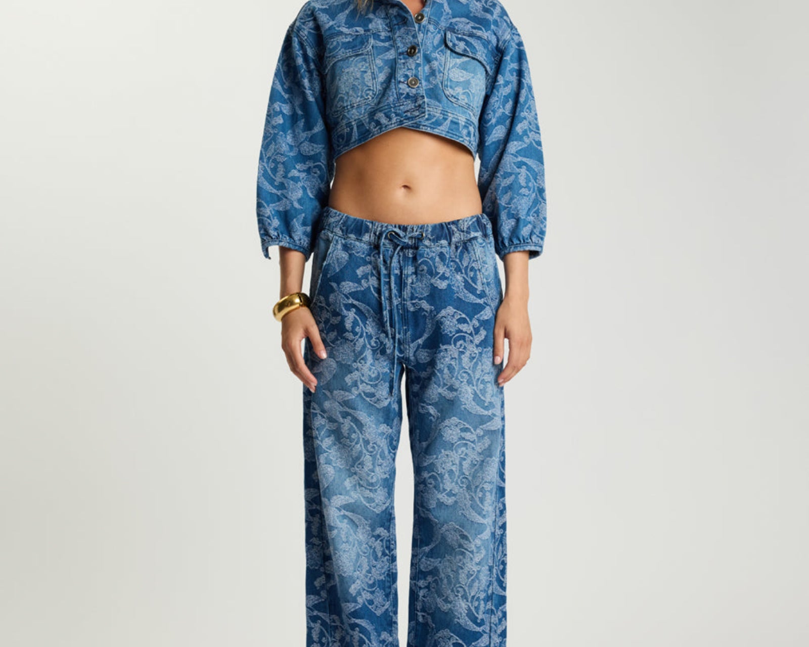Roadhouse Mid Waist Wide Leg Drawstring Denim Jeans - Soaring Jacquard Blue