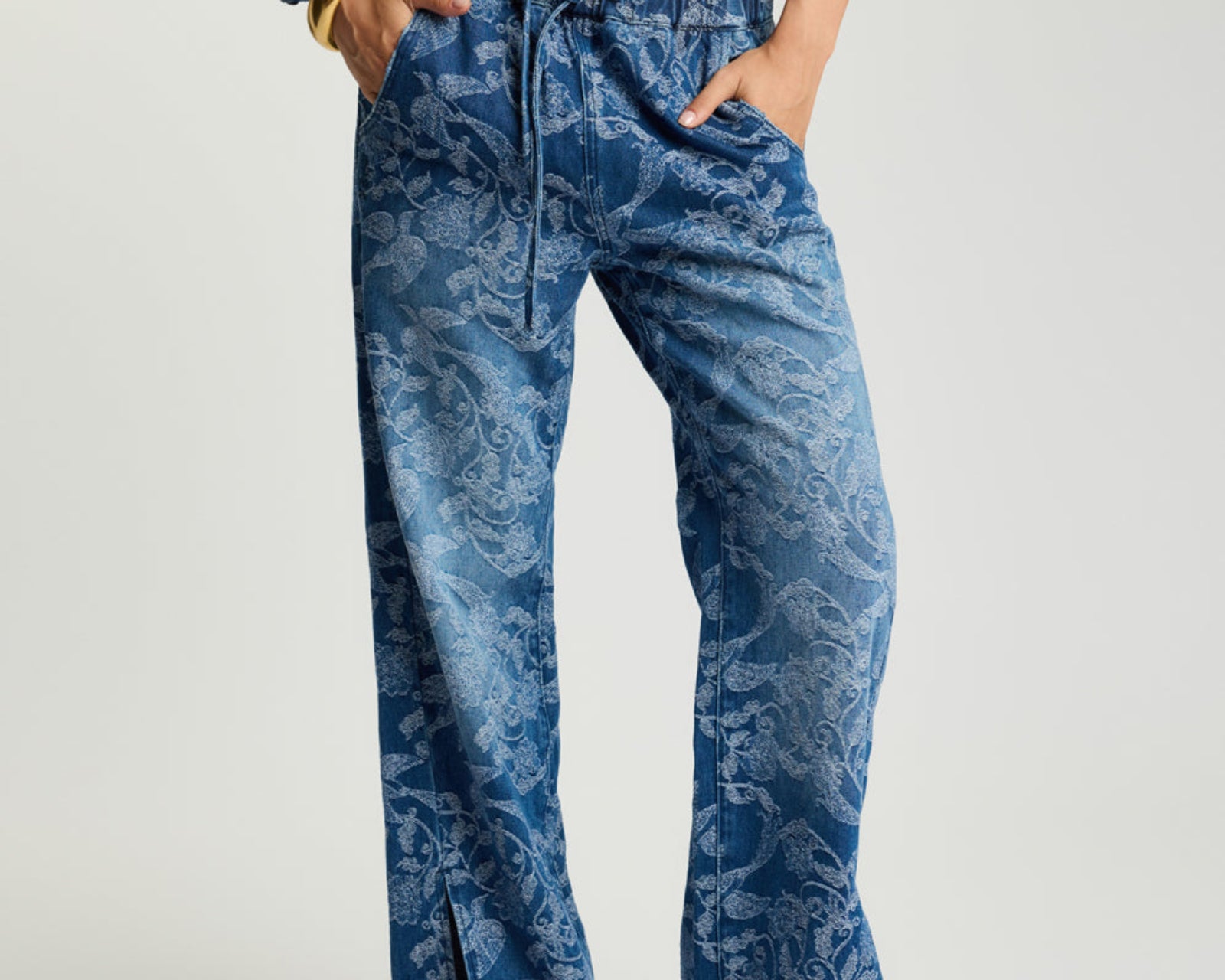 Roadhouse Mid Waist Wide Leg Drawstring Denim Jeans - Soaring Jacquard Blue