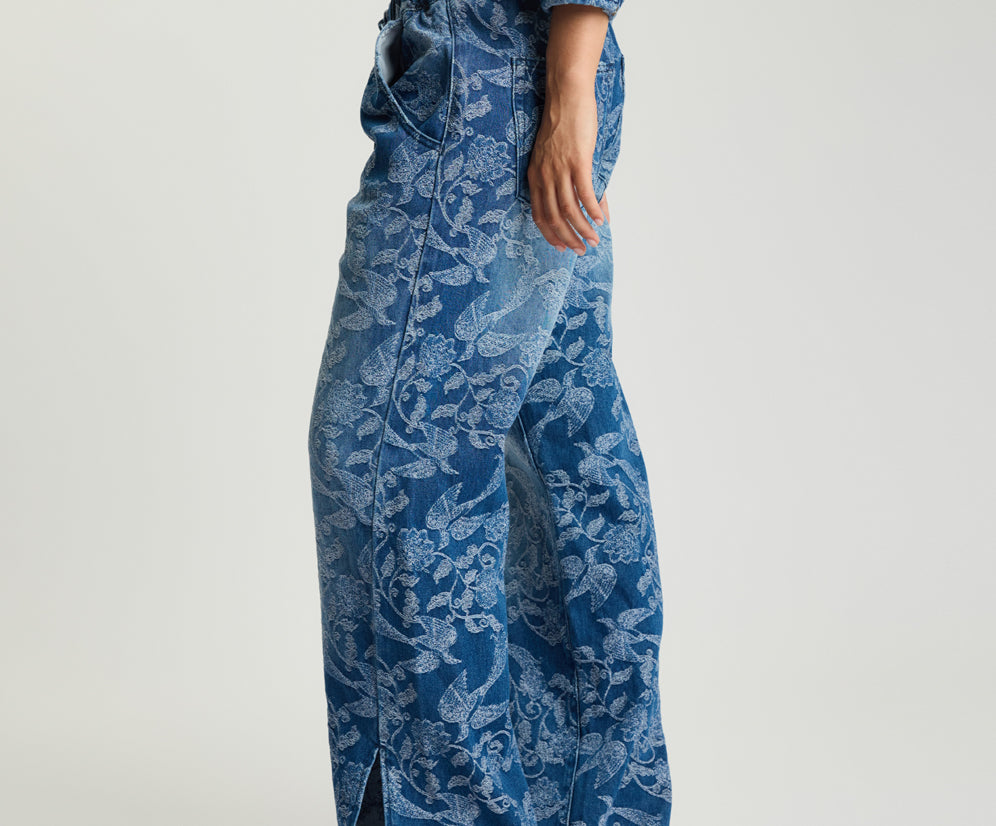 Roadhouse Mid Waist Wide Leg Drawstring Denim Jeans - Soaring Jacquard Blue