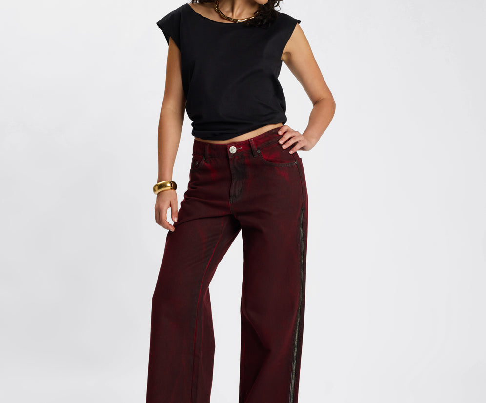 Jackson Mid Waist Wide Leg Denim Jeans - Oil Stained Maroon