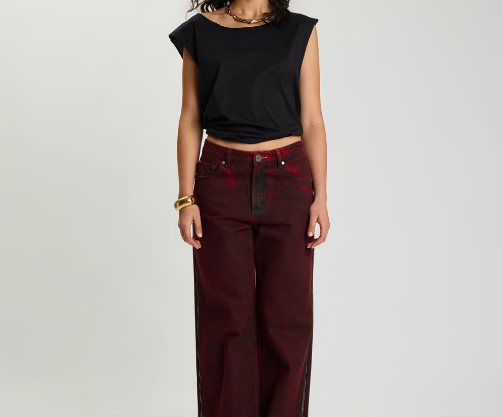 Jackson Mid Waist Wide Leg Denim Jeans - Oil Stained Maroon