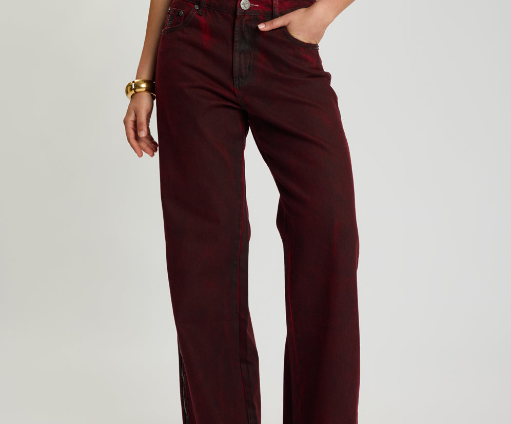 Jackson Mid Waist Wide Leg Denim Jeans - Oil Stained Maroon