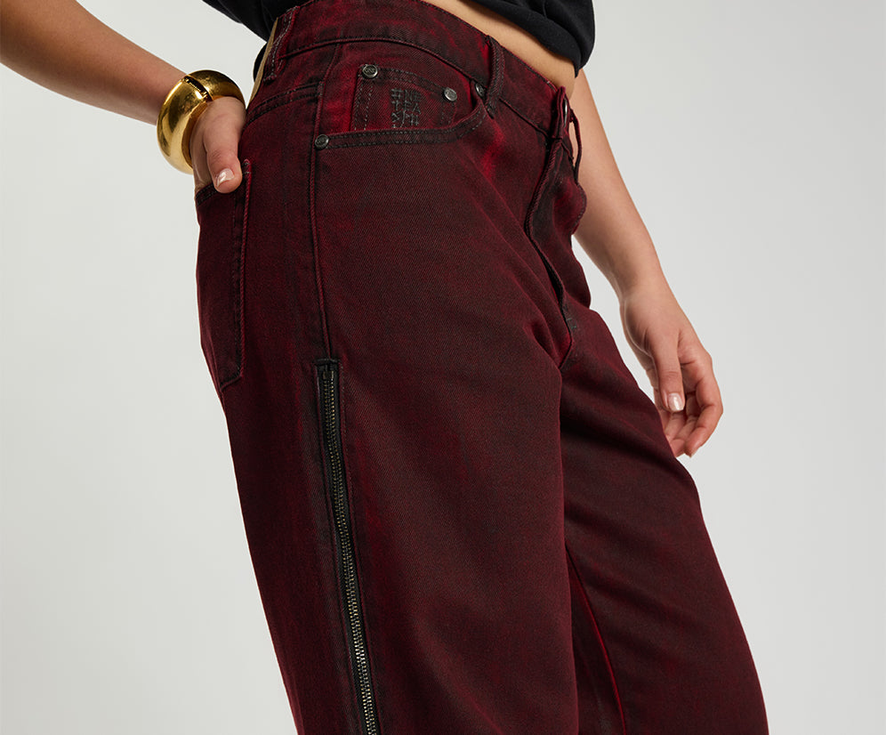 Jackson Mid Waist Wide Leg Denim Jeans - Oil Stained Maroon