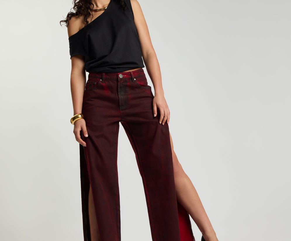 Jackson Mid Waist Wide Leg Denim Jeans - Oil Stained Maroon