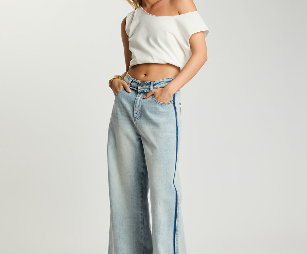 Love Machines Mid Waist Super Wide Leg Denim Jeans - Split Party Contrast Blue