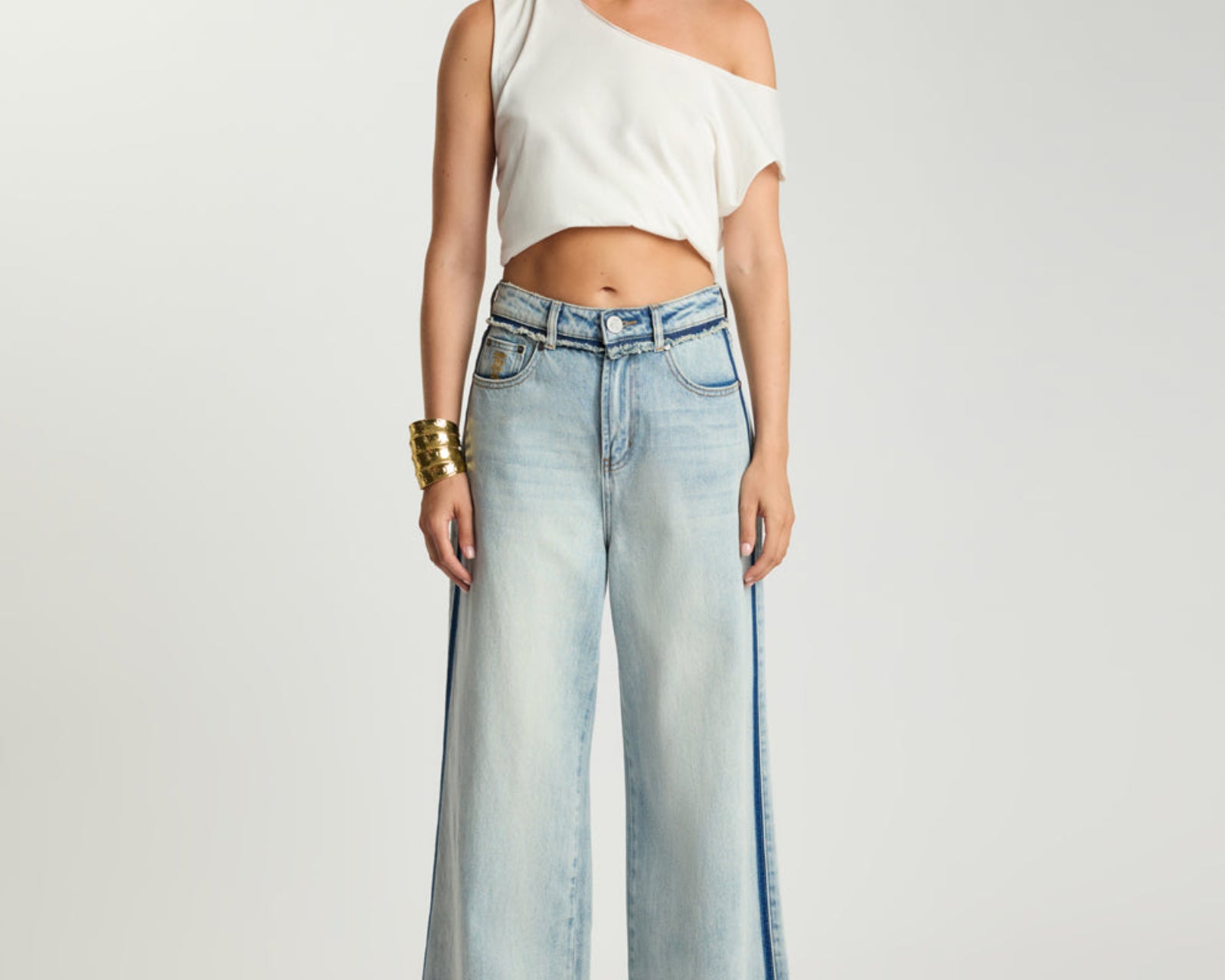 Love Machines Mid Waist Super Wide Leg Denim Jeans - Split Party Contrast Blue