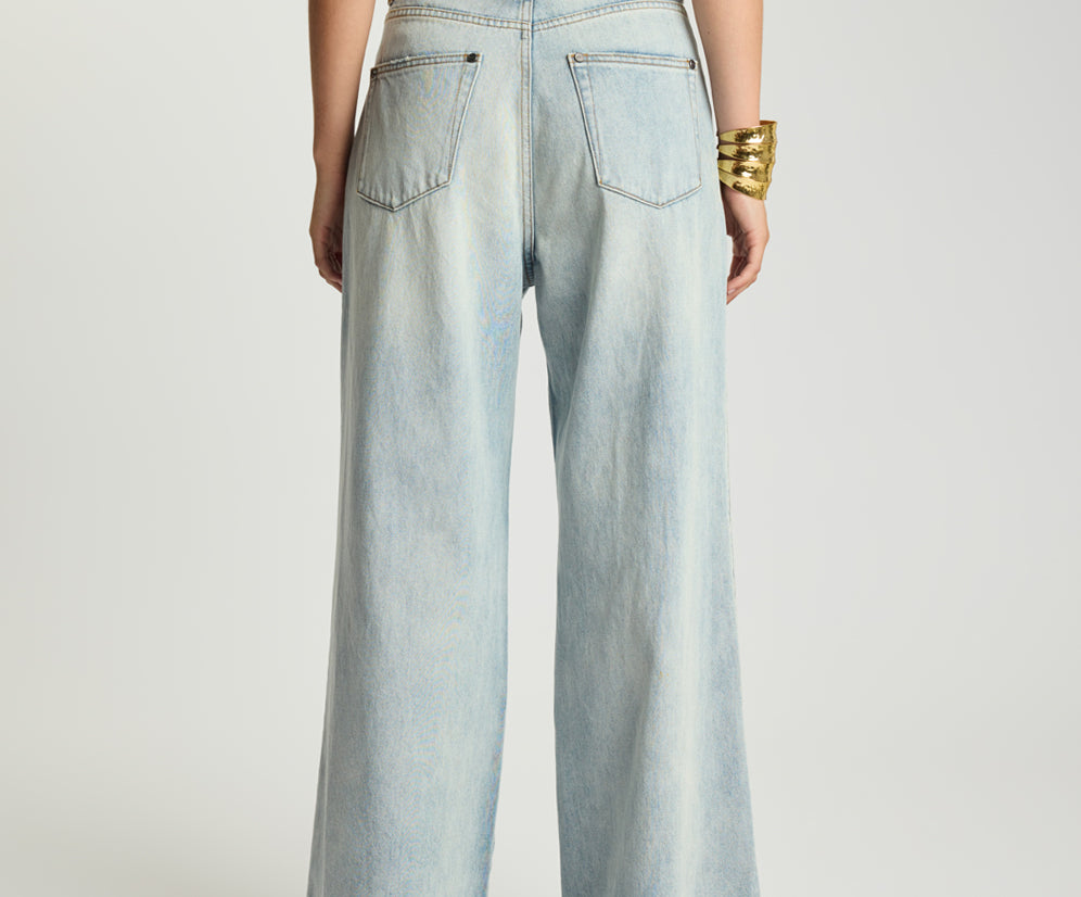 Love Machines Mid Waist Super Wide Leg Denim Jeans - Split Party Contrast Blue