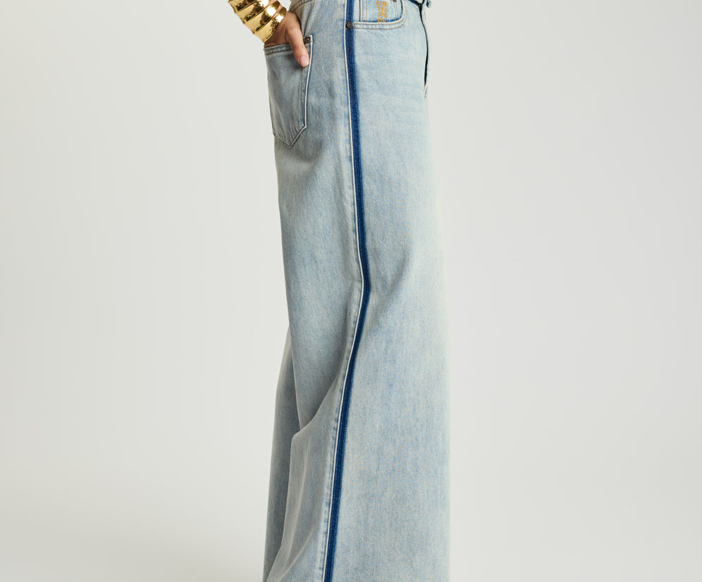 Love Machines Mid Waist Super Wide Leg Denim Jeans - Split Party Contrast Blue