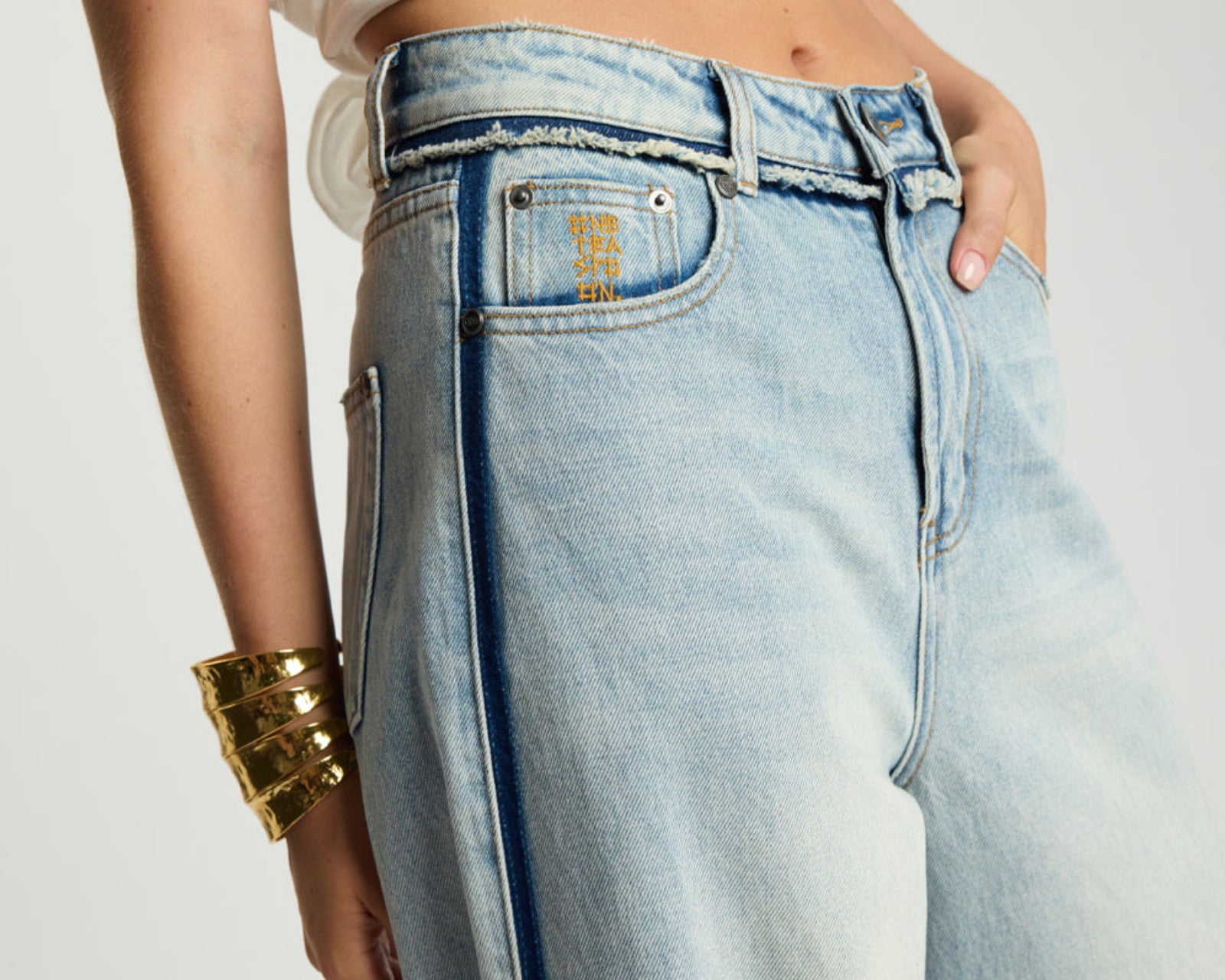Love Machines Mid Waist Super Wide Leg Denim Jeans - Split Party Contrast Blue