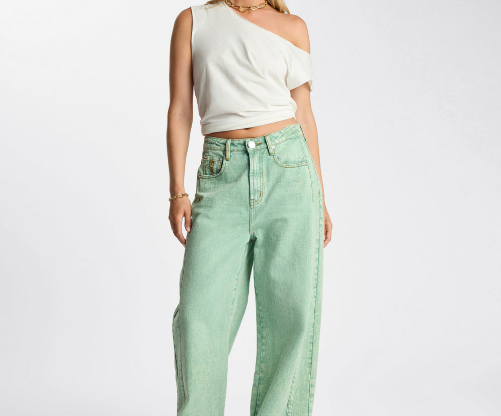 Love Machines Mid Waist Super Wide Leg Denim Jeans - Seaglass Green