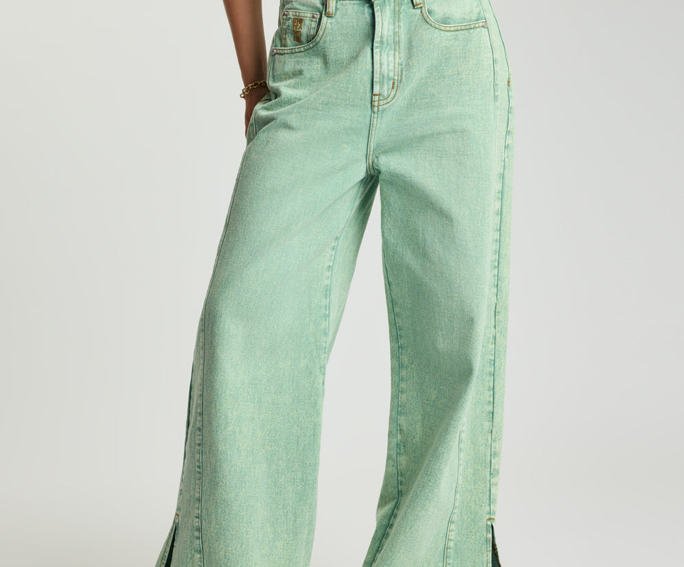 Love Machines Mid Waist Super Wide Leg Denim Jeans - Seaglass Green