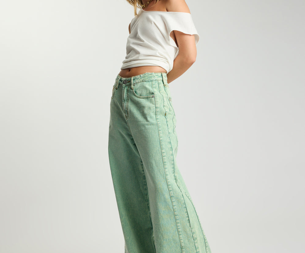 Love Machines Mid Waist Super Wide Leg Denim Jeans - Seaglass Green