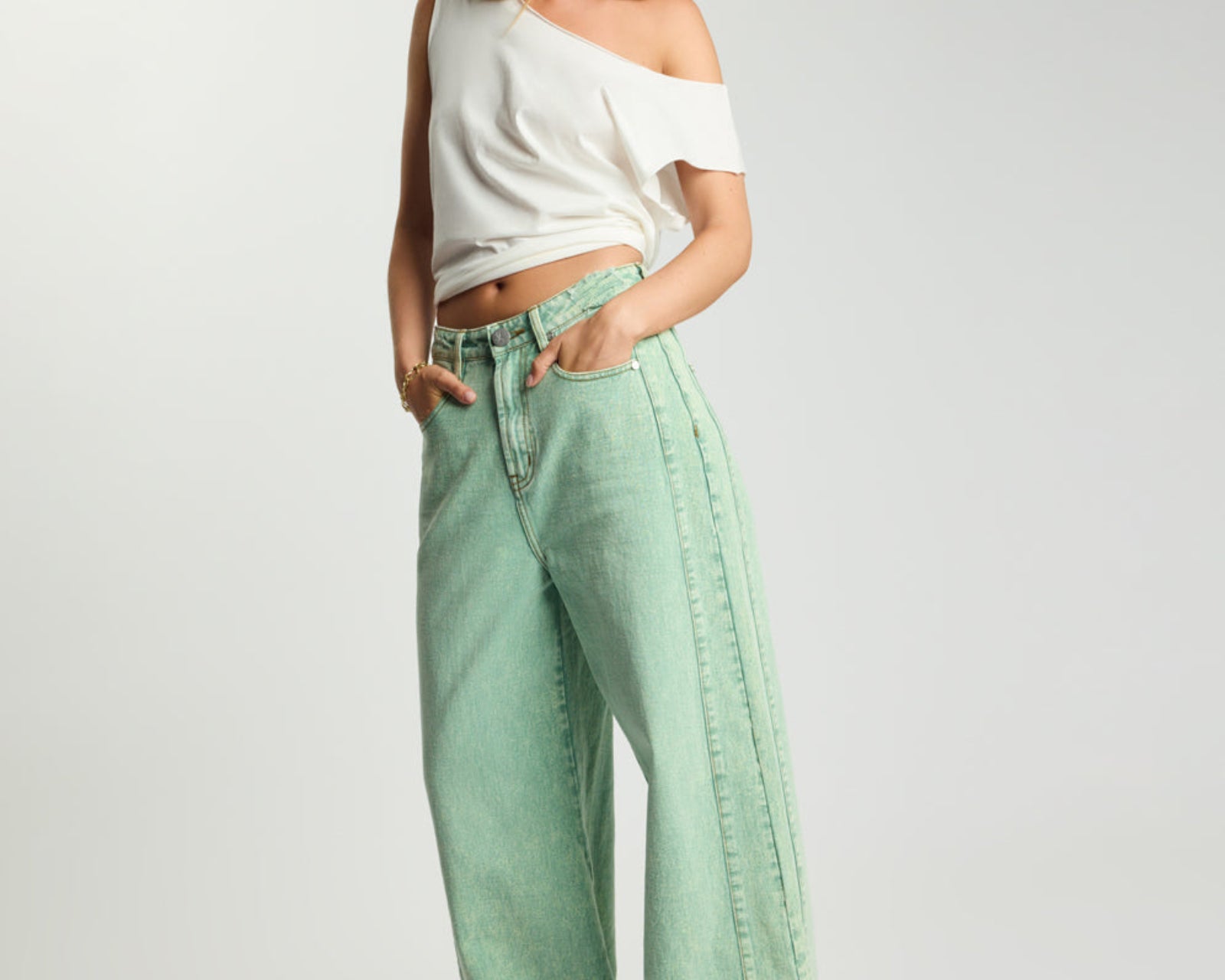 Love Machines Mid Waist Super Wide Leg Denim Jeans - Seaglass Green