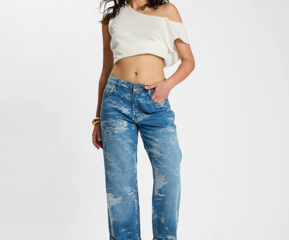 Low Riders Low Waist Wide Leg Denim Jeans - Torn Sky Blue