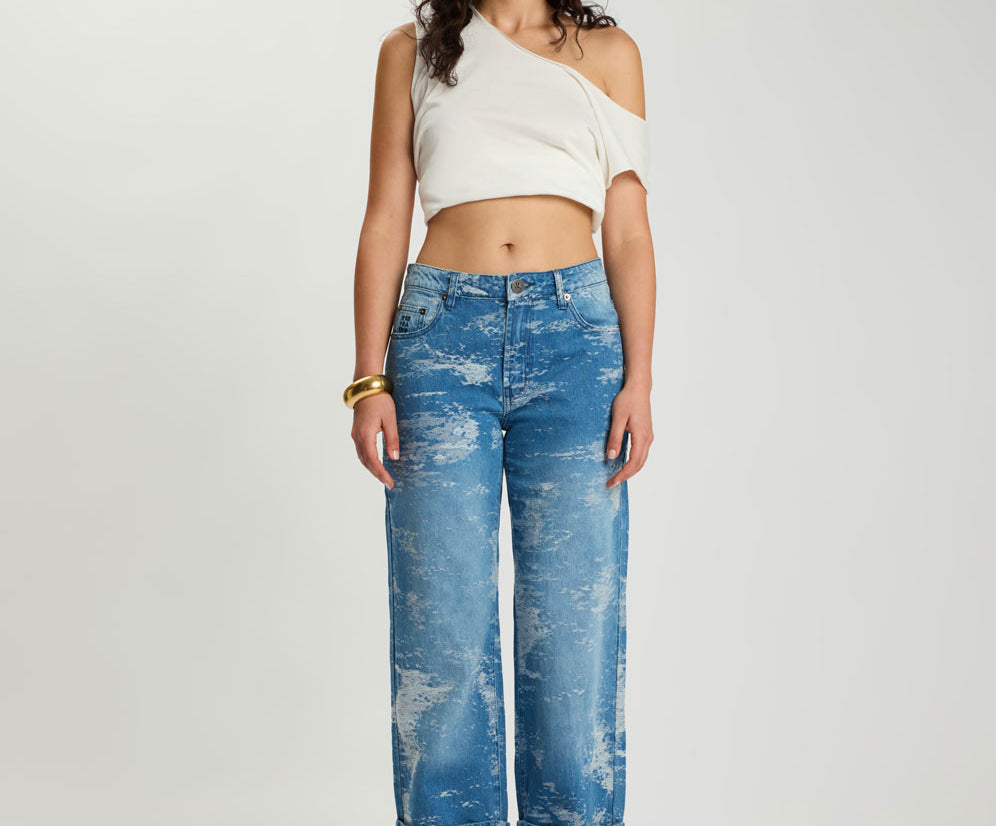 Low Riders Low Waist Wide Leg Denim Jeans - Torn Sky Blue