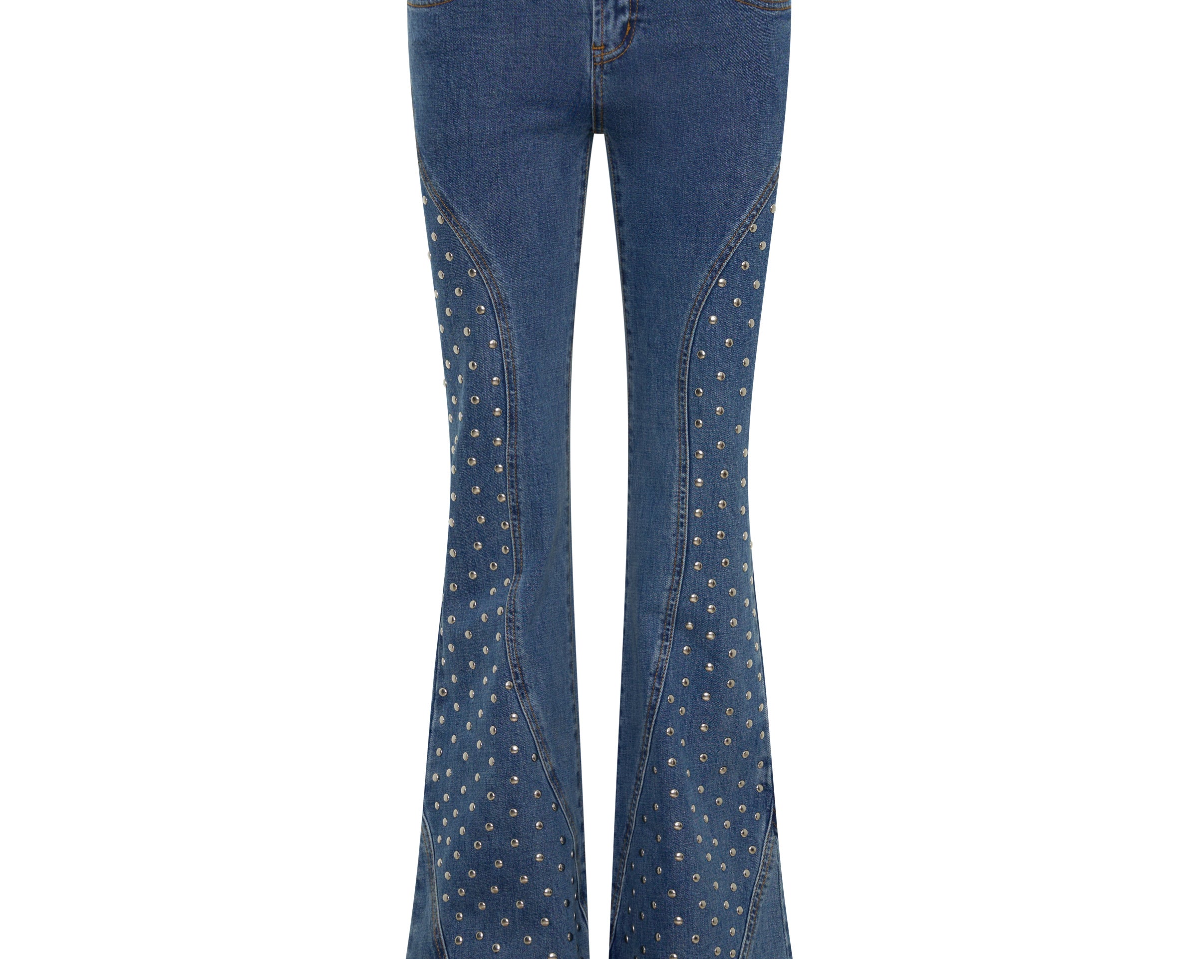 Chrome Edge Mid Waist Flared Studded Denim Jeans - Eclipse Blue