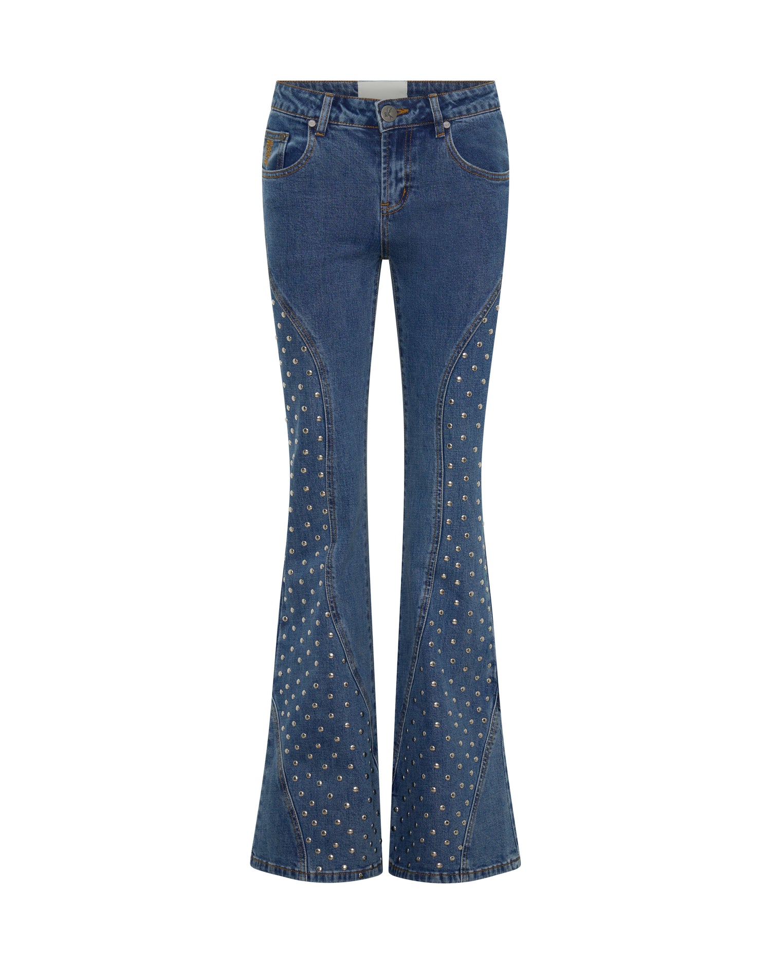 Chrome Edge Mid Waist Flared Studded Denim Jeans - Eclipse Blue