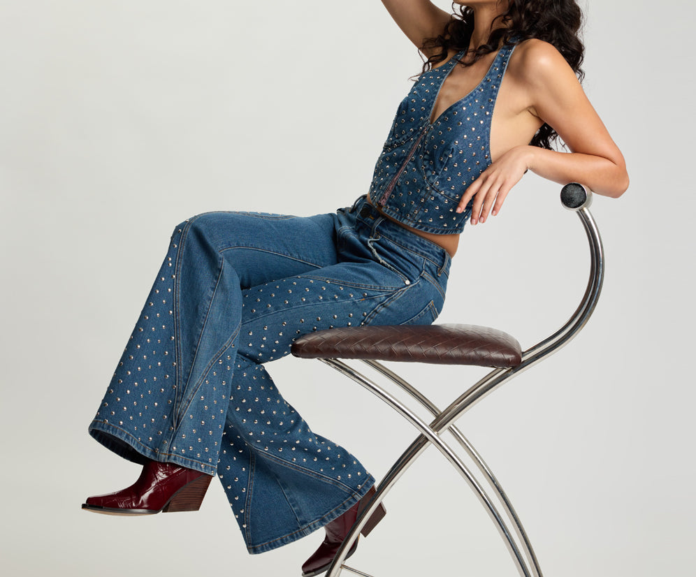 Chrome Edge Mid Waist Flared Studded Denim Jeans - Eclipse Blue