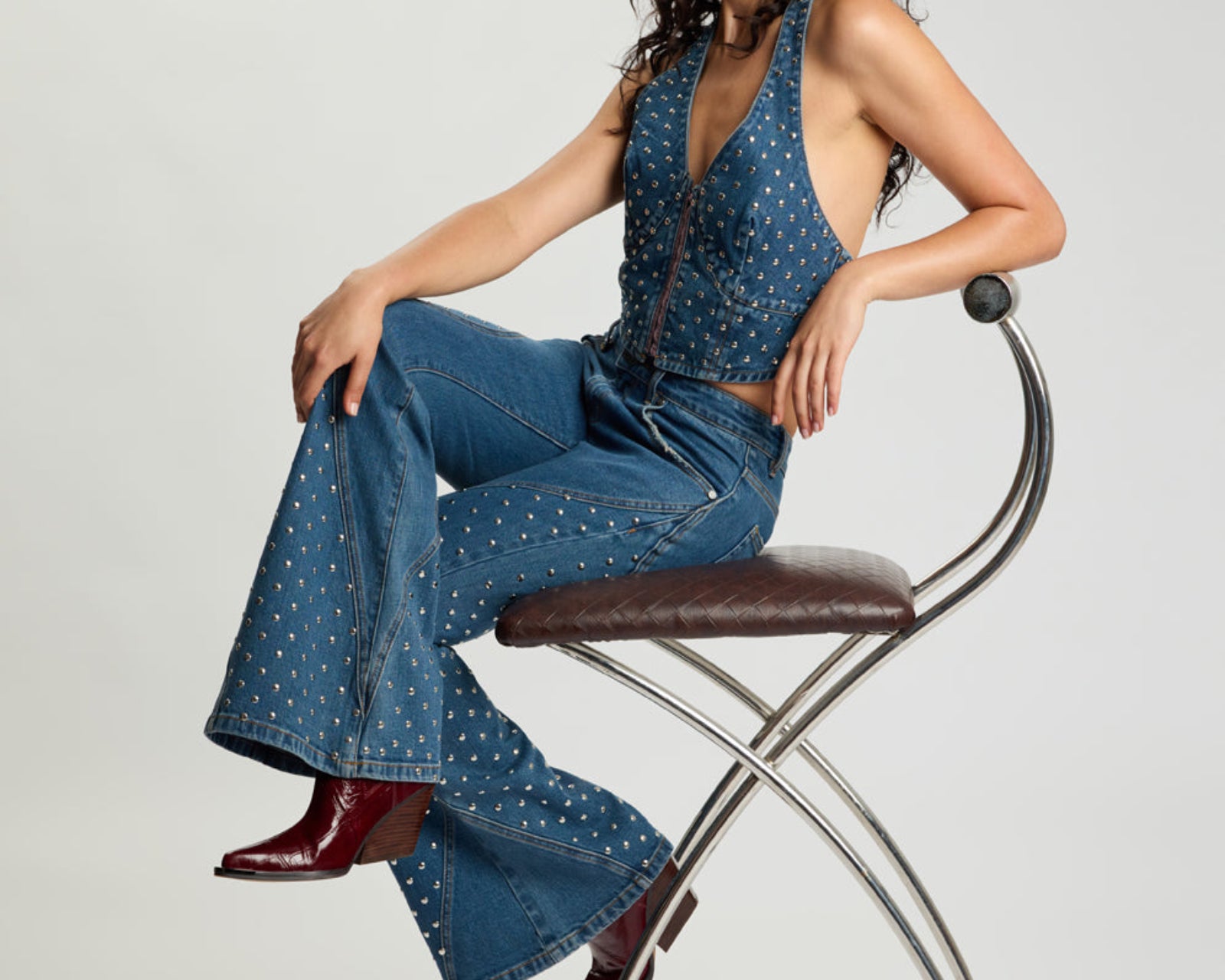 Chrome Edge Mid Waist Flared Studded Denim Jeans - Eclipse Blue