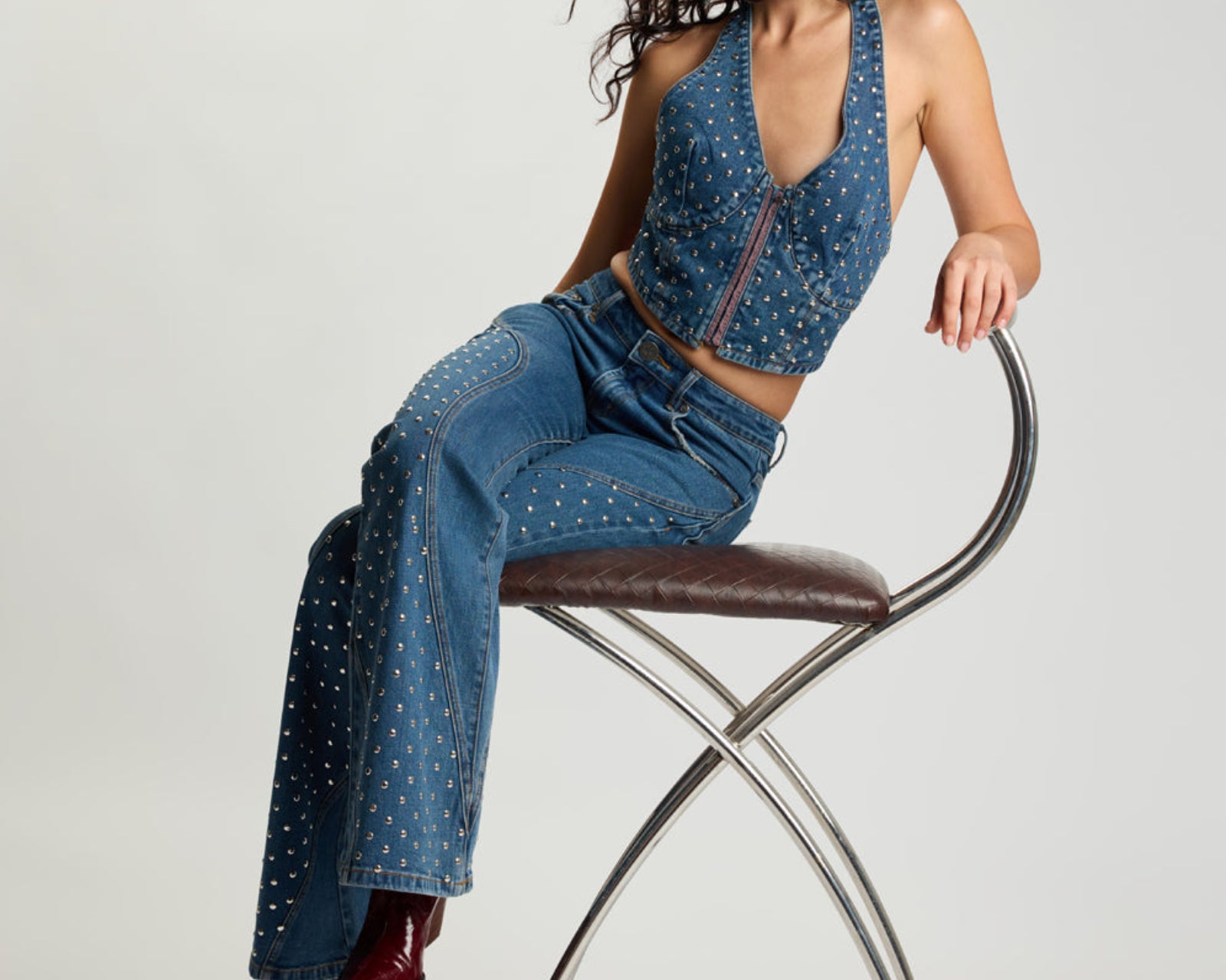 Chrome Edge Mid Waist Flared Studded Denim Jeans - Eclipse Blue