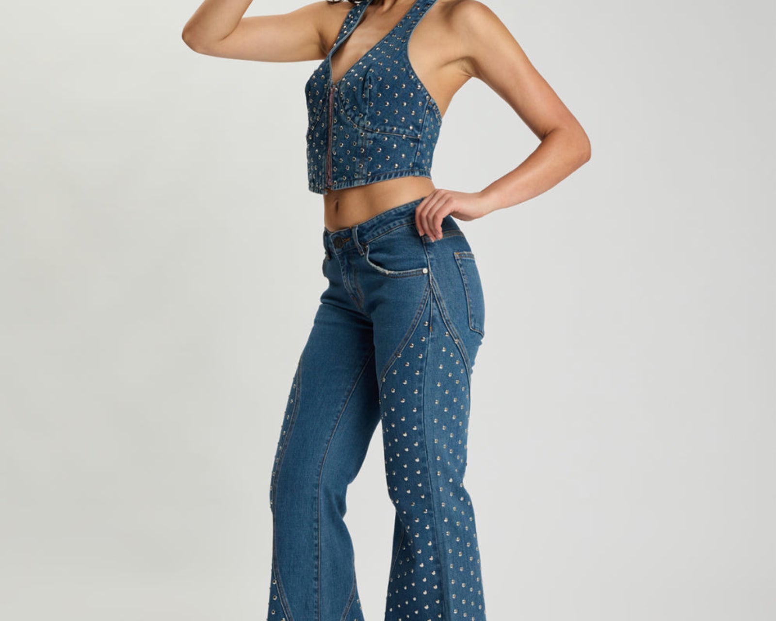Chrome Edge Mid Waist Flared Studded Denim Jeans - Eclipse Blue