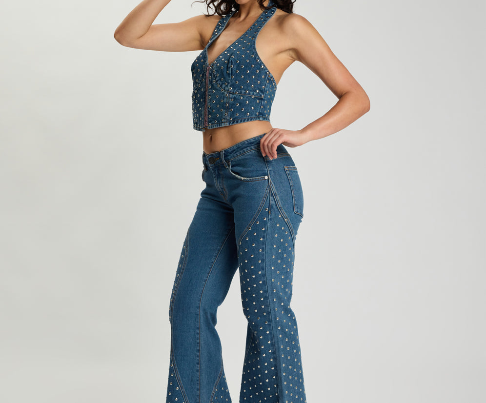Chrome Edge Mid Waist Flared Studded Denim Jeans - Eclipse Blue