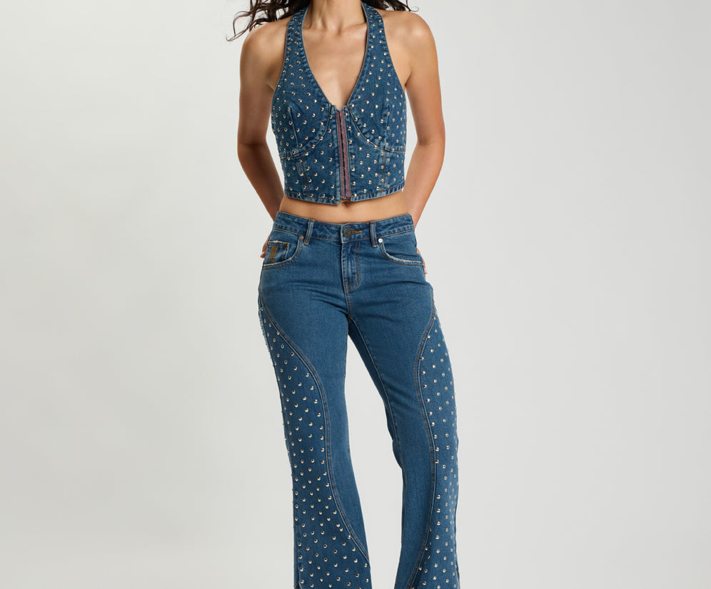 Chrome Edge Mid Waist Flared Studded Denim Jeans - Eclipse Blue