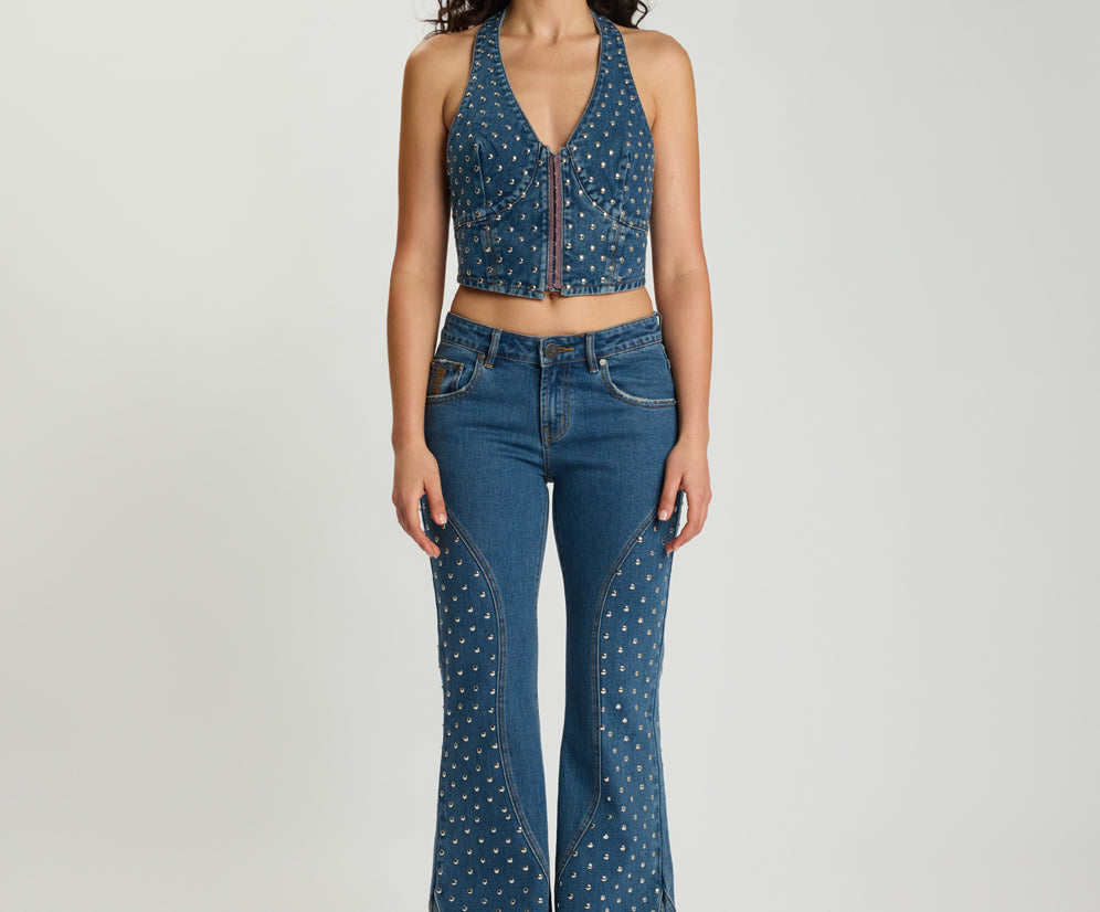 Chrome Edge Mid Waist Flared Studded Denim Jeans - Eclipse Blue