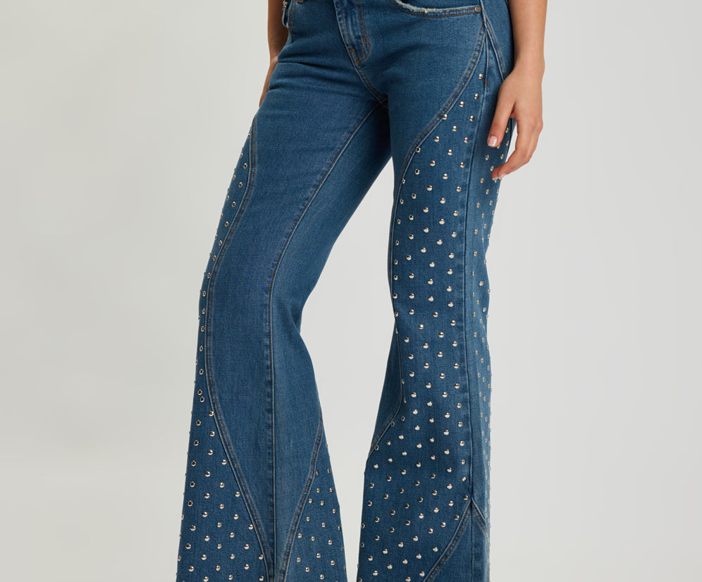 Chrome Edge Mid Waist Flared Studded Denim Jeans - Eclipse Blue