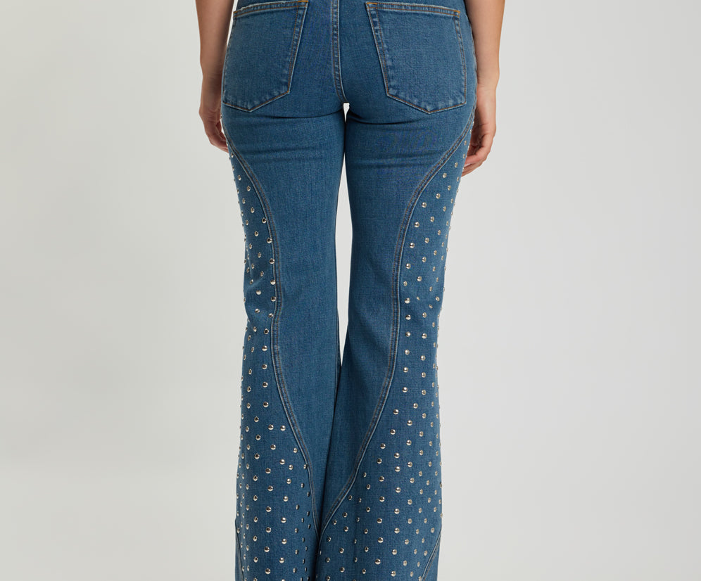 Chrome Edge Mid Waist Flared Studded Denim Jeans - Eclipse Blue