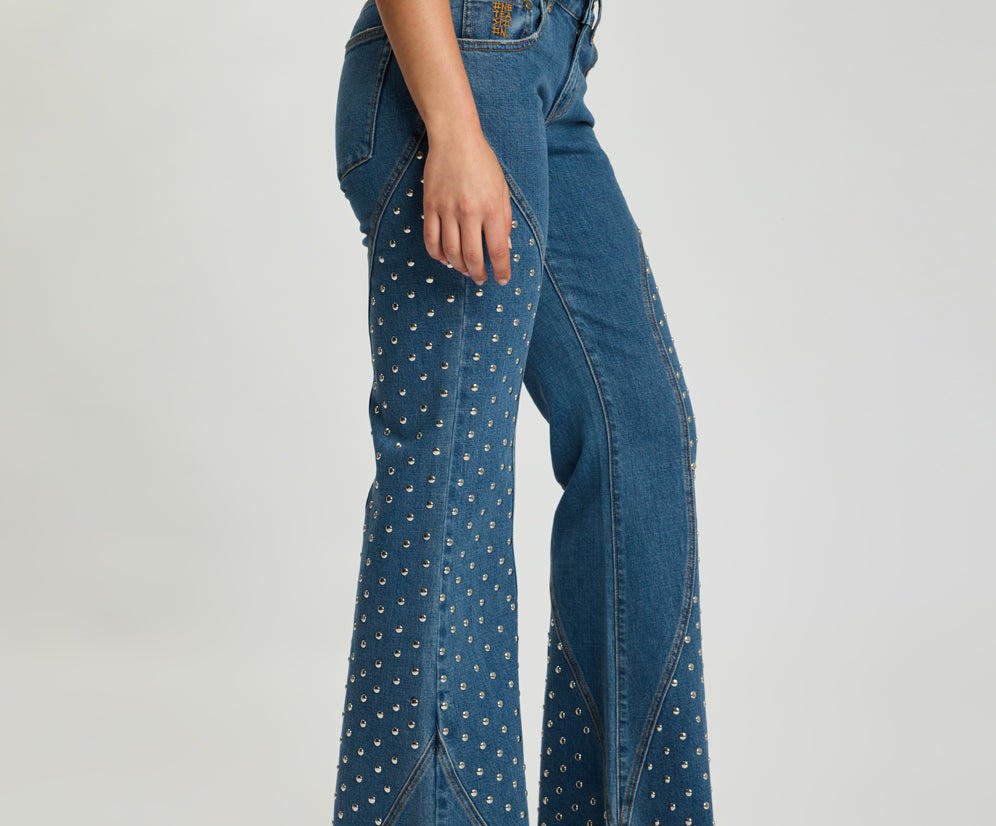 Chrome Edge Mid Waist Flared Studded Denim Jeans - Eclipse Blue