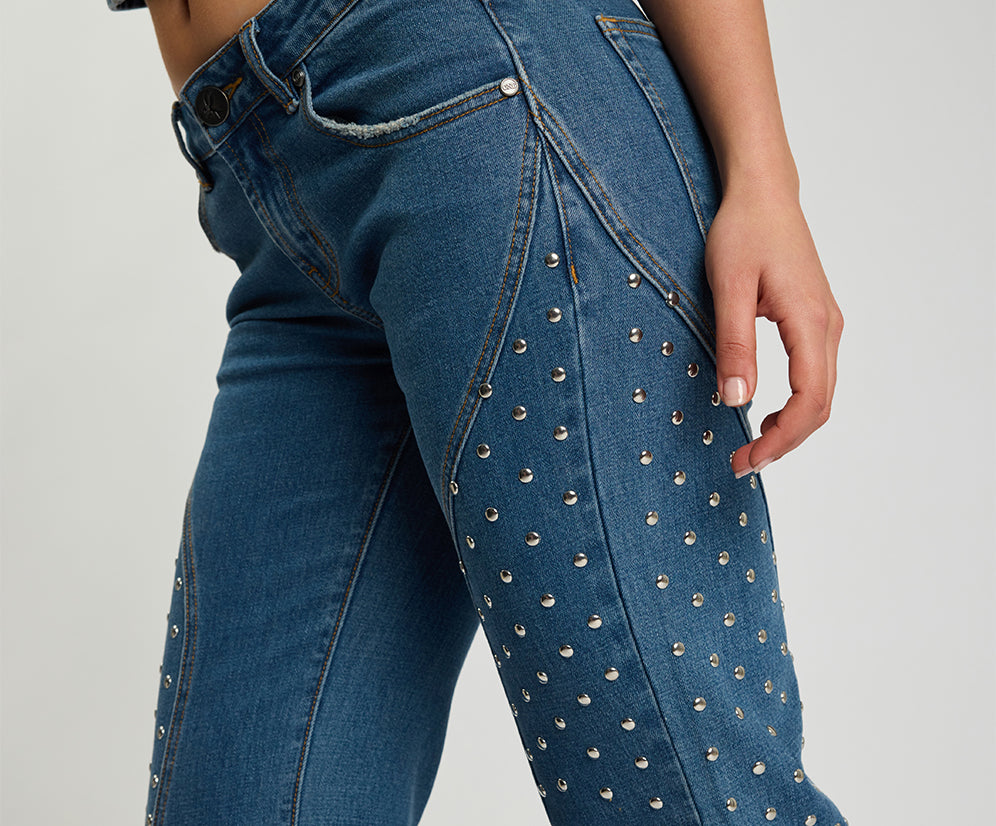 Chrome Edge Mid Waist Flared Studded Denim Jeans - Eclipse Blue