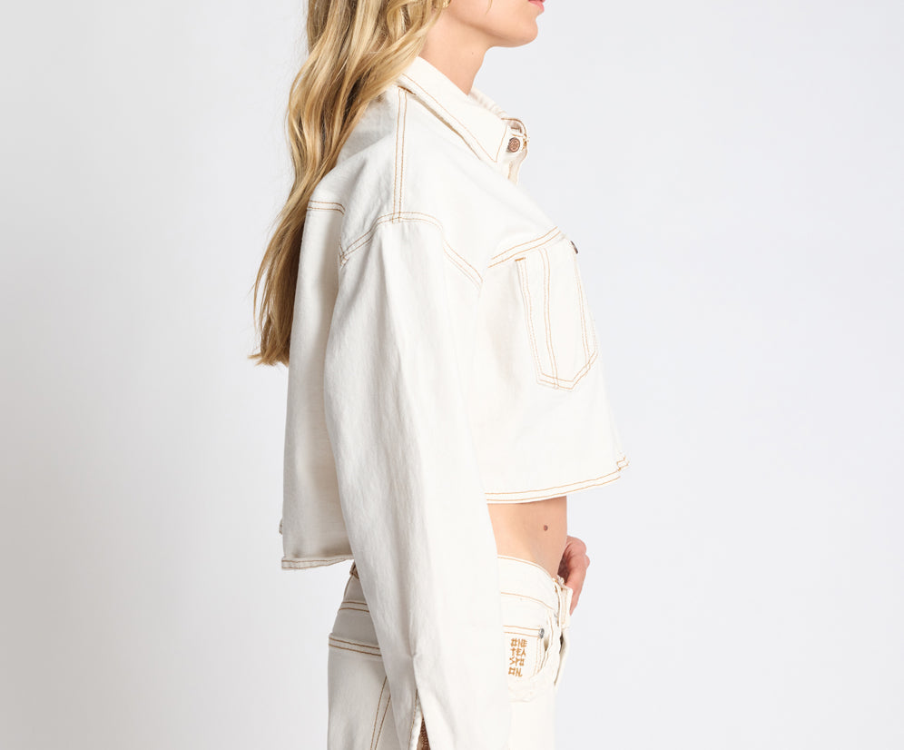 Rustler Cropped Denim Shacket - White Beauty