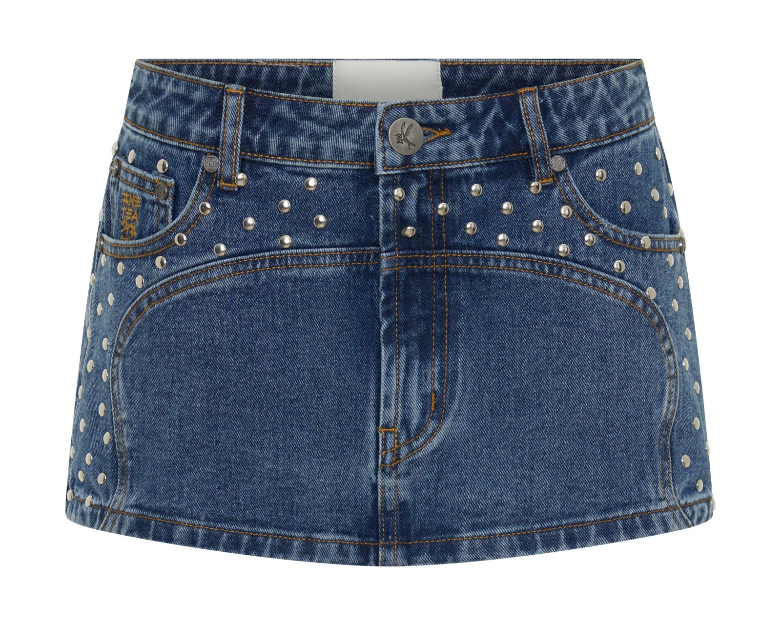 Chrome Edge Low Waist Studded Mini Denim Skirt - Eclipse Blue